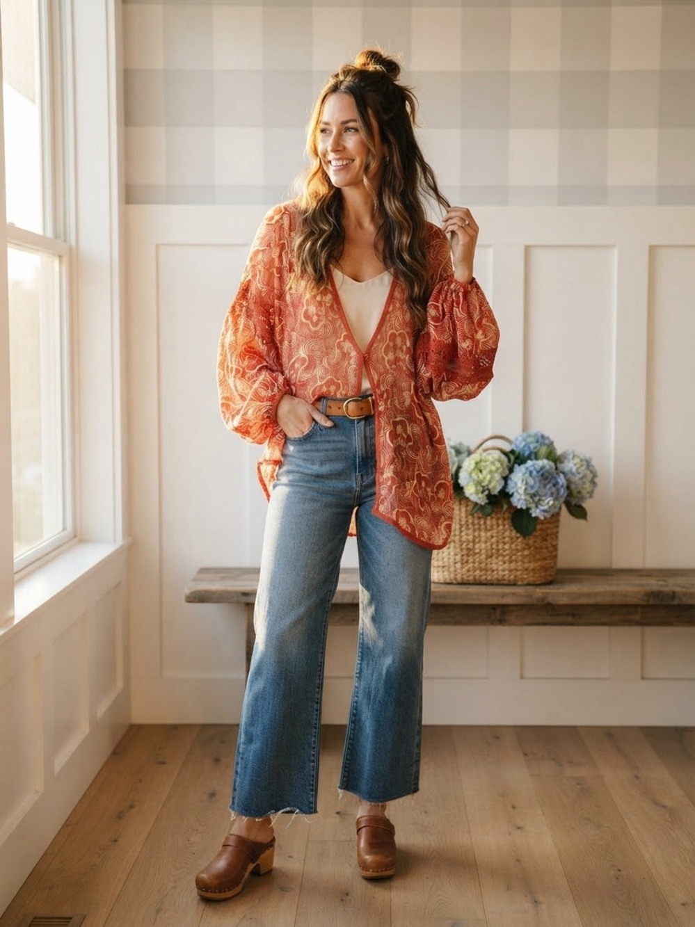 Free People Rust Paisley Button-Front Peasant Blouse Medium